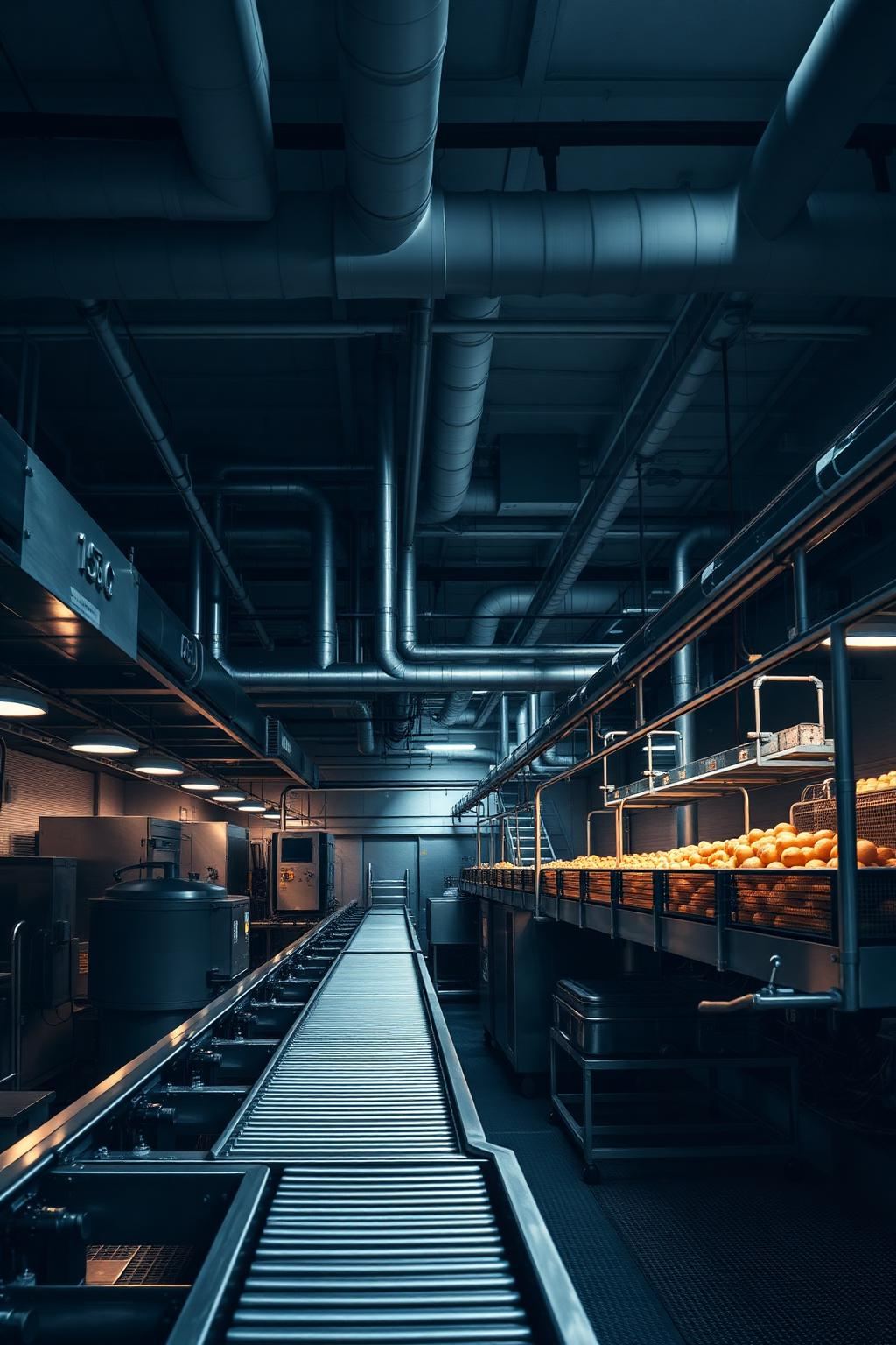 Food processing line with stainless steel equipment